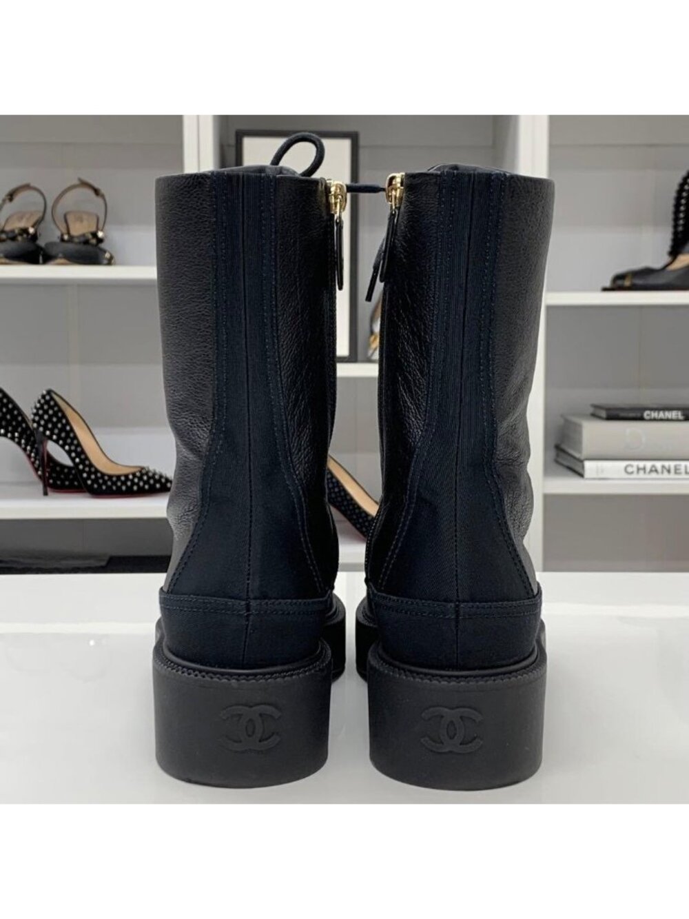 Chanel Calfskin Coco Mark Lace Up Short Boots Black - Picture 7 of 11